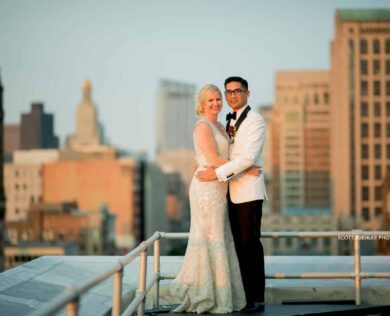 Bride and Groom on roof of Lenox Hotel