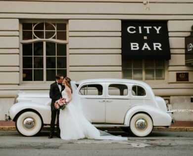 Bride and Groom outside Lenox hotel